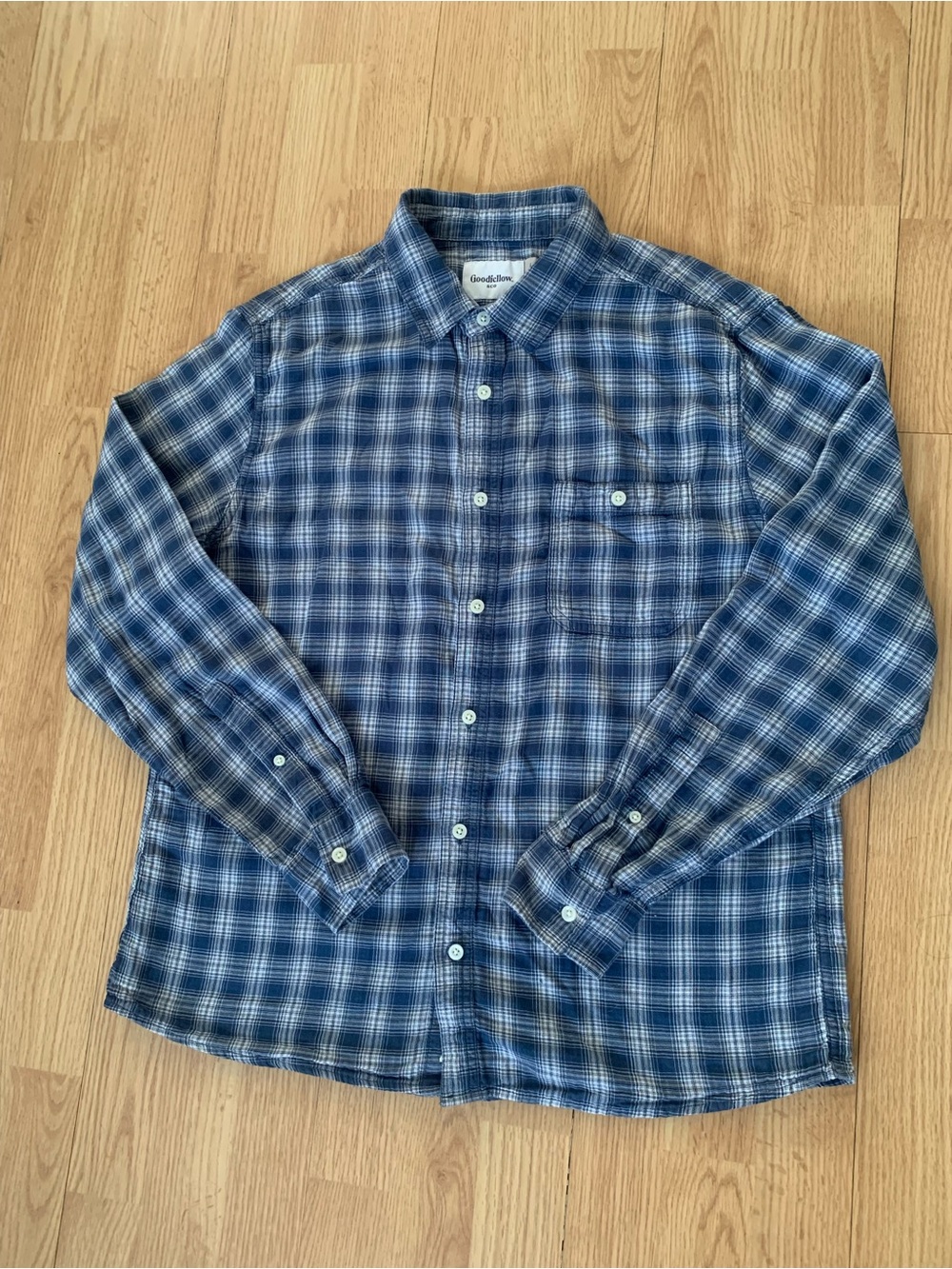Goodfellow & Co Mens Blue White Check Button-Up Long Sleeve CottonShirt Pocket L